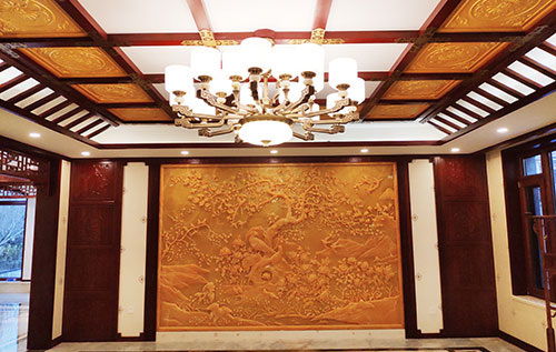 婺城中式别墅客厅中式木作横梁吊顶装饰展示