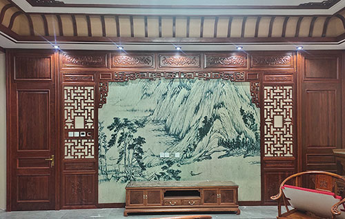 婺城中式仿古别墅客厅背景墙花格木作装饰